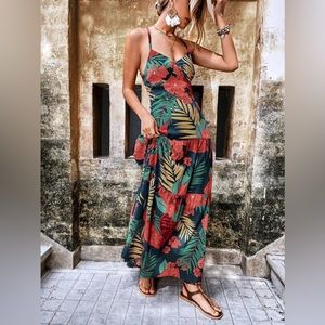 SHEIN VCAY Random Tropical Print Criss-Cross Backless Cami Dress size M